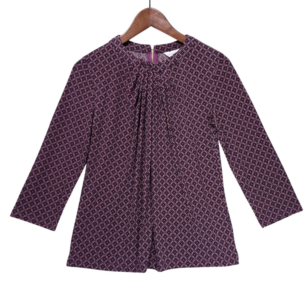 Liz Claiborne Geo Pleated Front 3/4 Sleeve Blouse Womens XS Purple‎ Career NWT